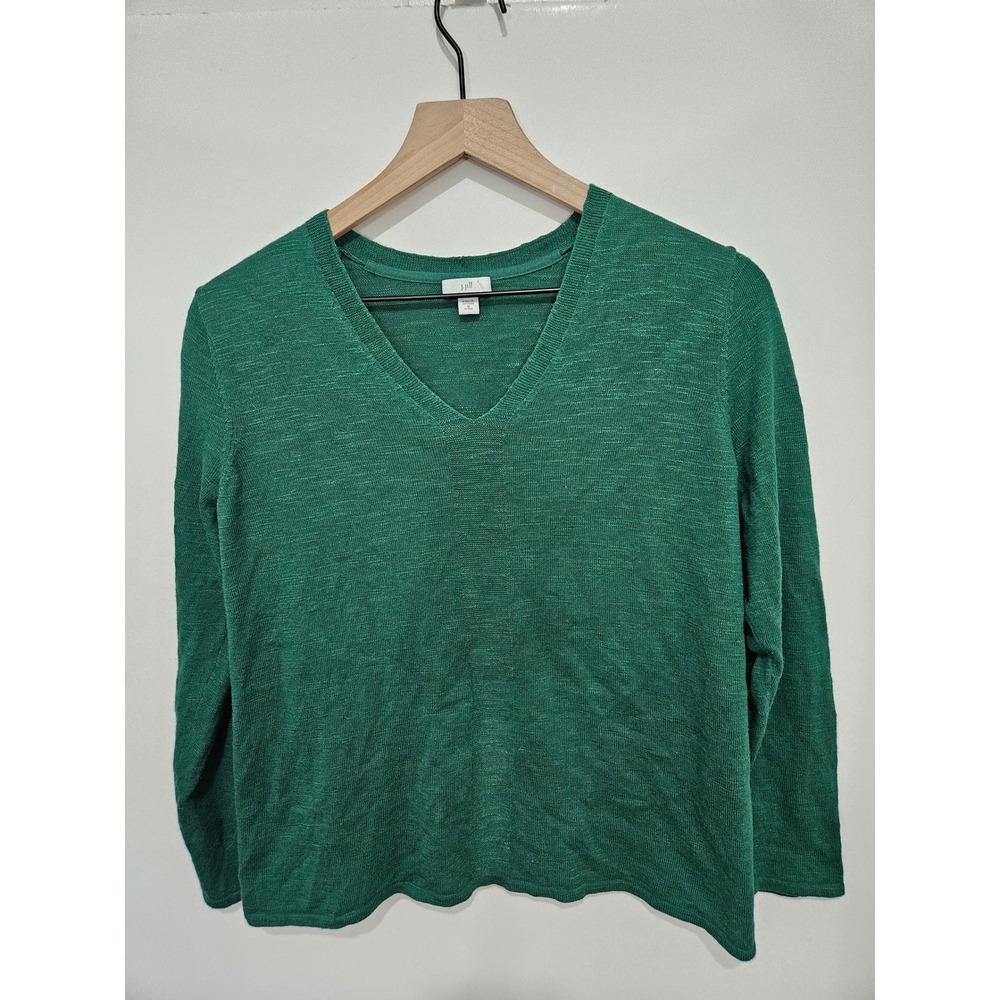 J. Jill Green V-Neck Sweater Womens Medium Petite Cotton Linen Blend‎ Pullover